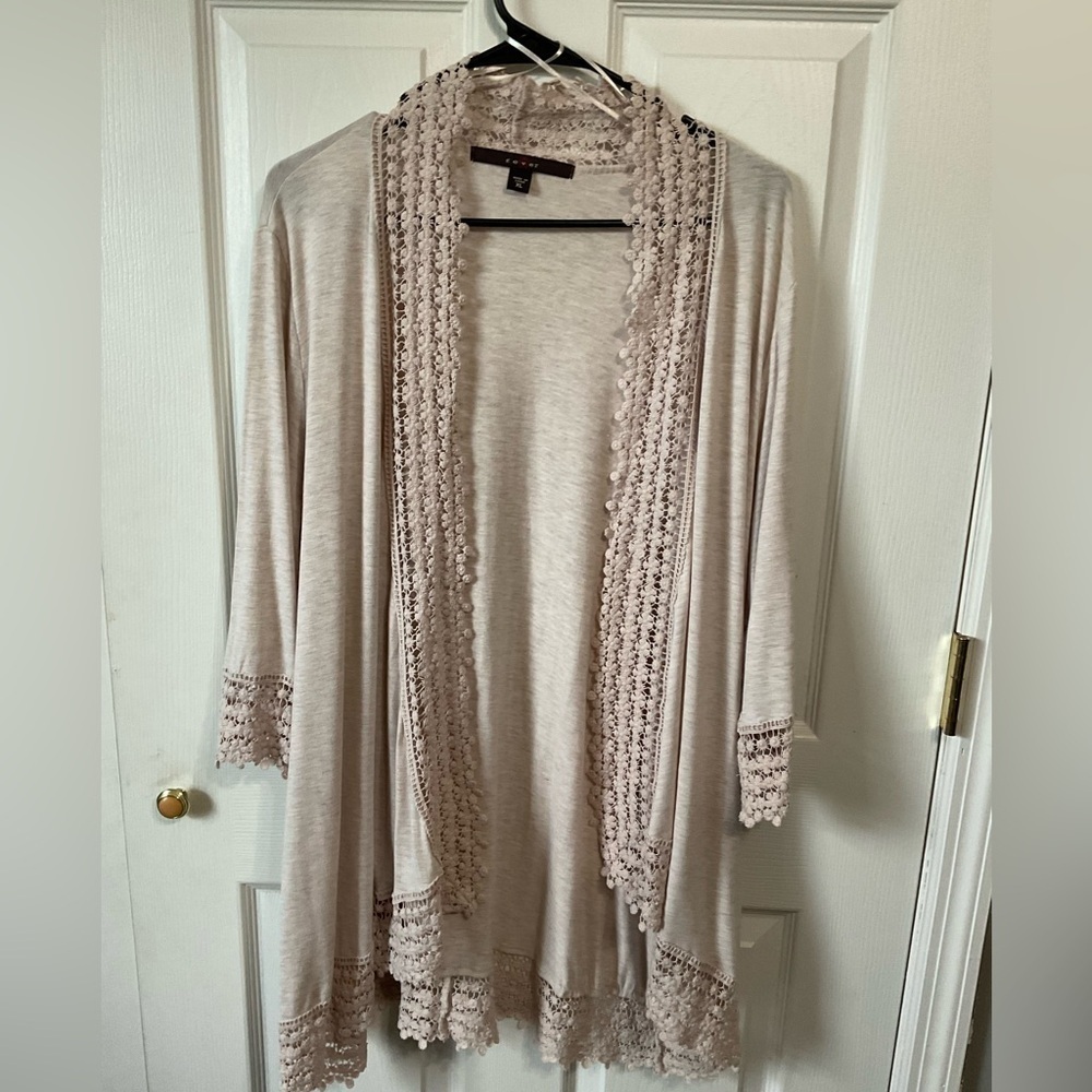 Fever cardigan. Cream color. Size XL crocheted edges.